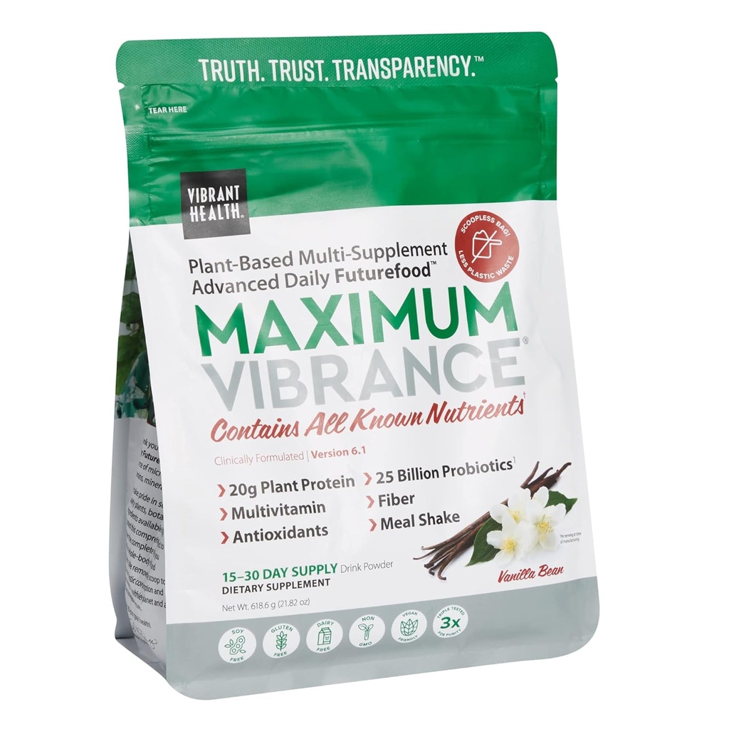 Vibrerende sundhed, maksimal Vibrance, Plantbaseret superfood supplement med en Multivitamin, Protein og 25 Millioner CFU af Probiotika, Vanilla, 15 Serving Pouch