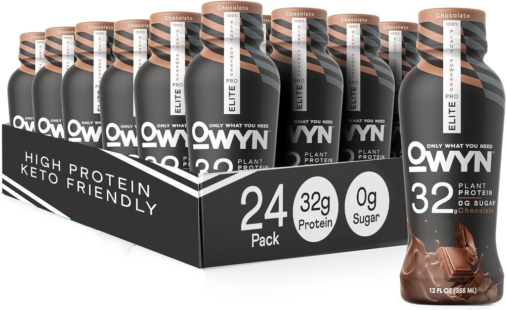 OWYN Kun hvad du har brug for Pro Elite Vegan High Protein Keto Shake, 32g Protein, 9 Aminosyrer, Omega-3, Prebiotika, træning og inddrivelse, 0g Net Carbs, Zero Sugar (Chokolade, 12 Fl Oz (Pack of 24)