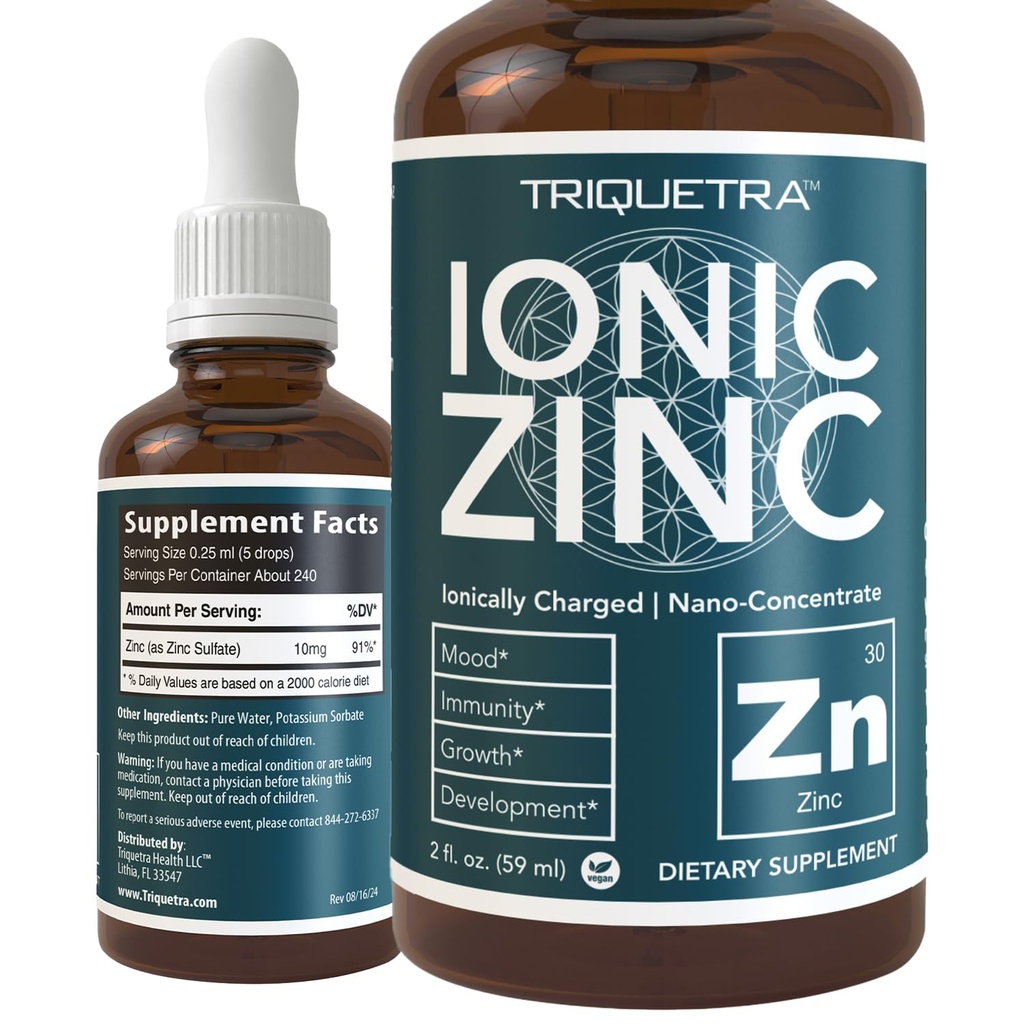 Ionic Liquid Zink - 8 Måned Supply, Justerbar dosering til voksne - Høj Absorption, Vegan, glasflaske - Understøtter immunsystemet, hjerne og thyreoideasundhed - Essential Mineral Supplement (2 oz)