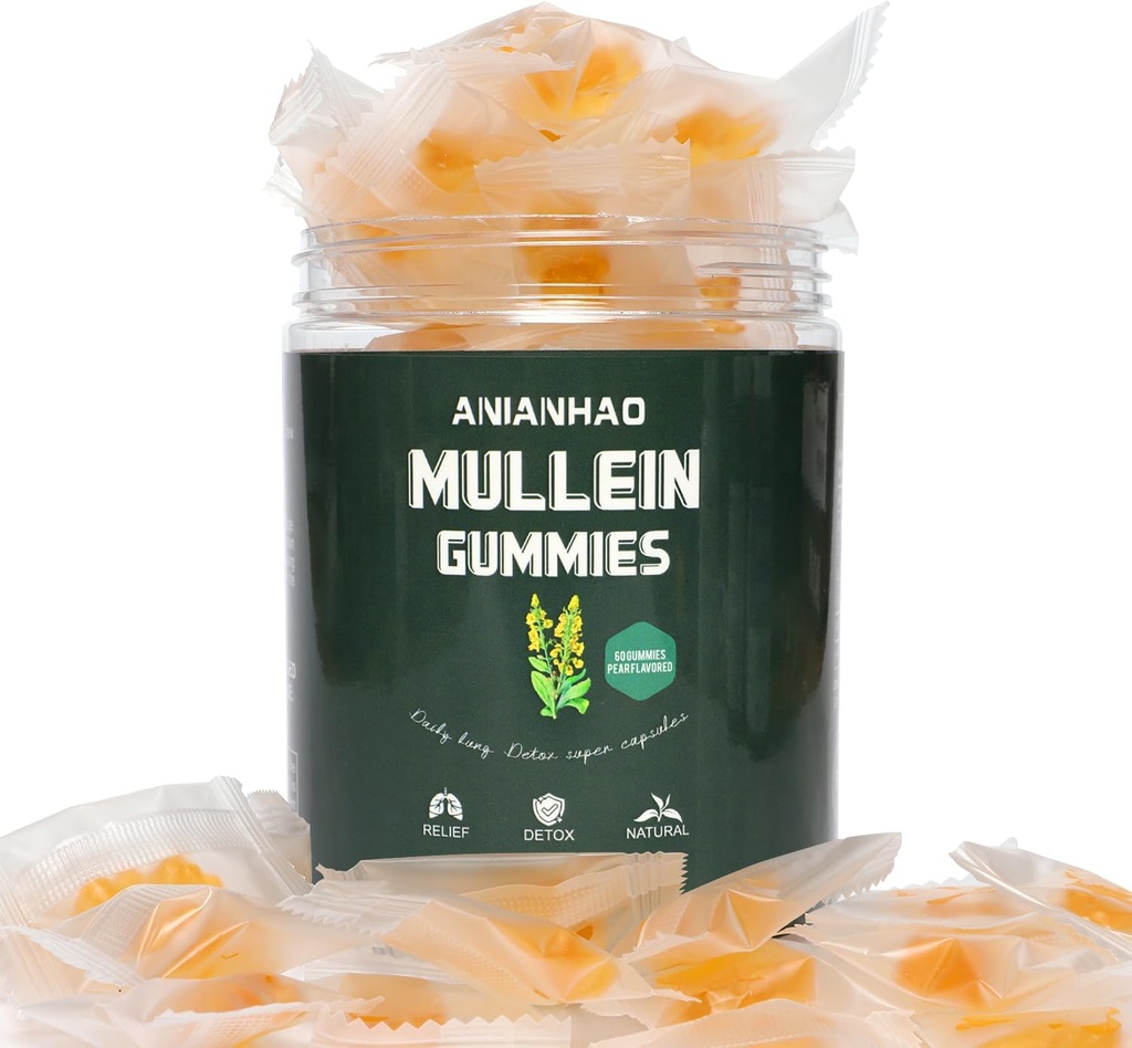 Mullein Gummies - Mullein Leaf Extract for Lungs - 2000mg Mullein - Lung Cleanse Supplement - Alternativ til Mullein Drops, Kapsler - Mucus Remover & Mucus Relief (1Flaske)