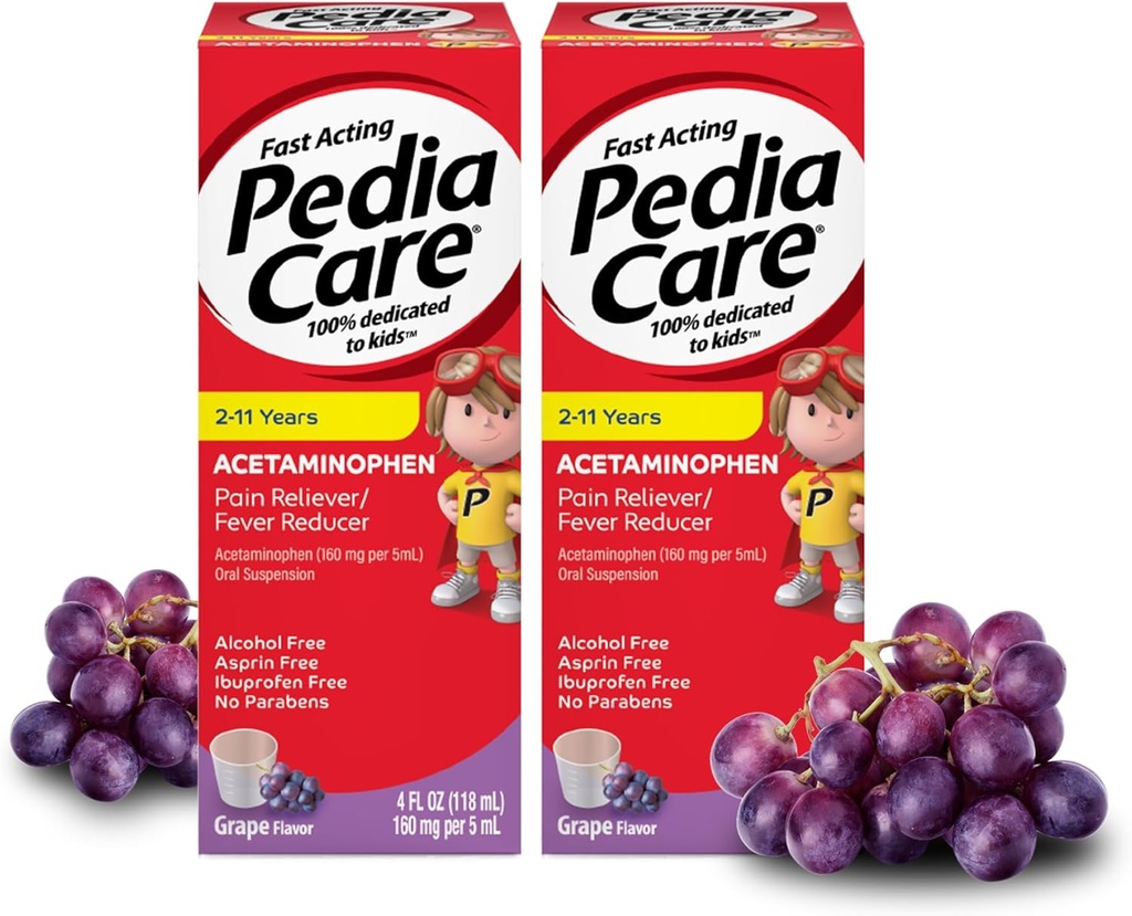 Hurtig fungerende børnesmertelindring / børn Feber Reducer med Acetaminophen Oral Suspension, alder 2- 11, Nul Alkohol eller Aspirin eller Ibuprofen, Grape Flavor, 4 fl oz (2 Pack)
