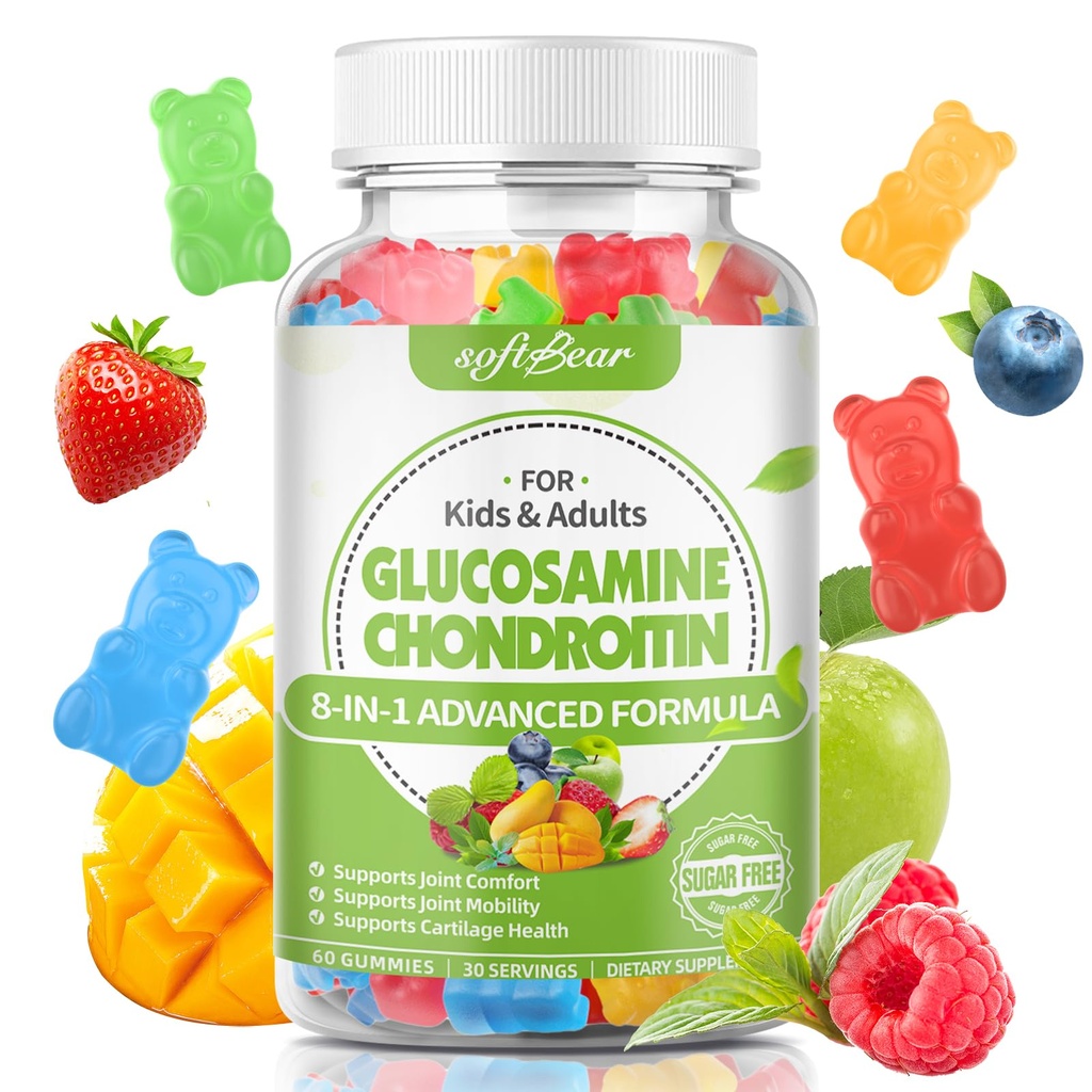 softbear Glucosamine Chondroitin Gummies for voksne, Sugar Free Chondroitin & Glucosamine Nutritional Kosttilskud til fælles støtte, blandet frugt flavor, 60 Greve