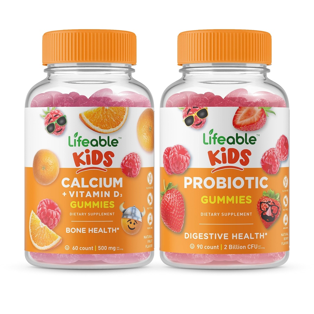 Lifeable Calcium med D-vitamin Kids + Probiotiske 2 milliarder CFU Kids, Gummies Bundle - Great Tasting, Vitamin Supplement, Gluten Free, GMO Free, Chewable Gummy