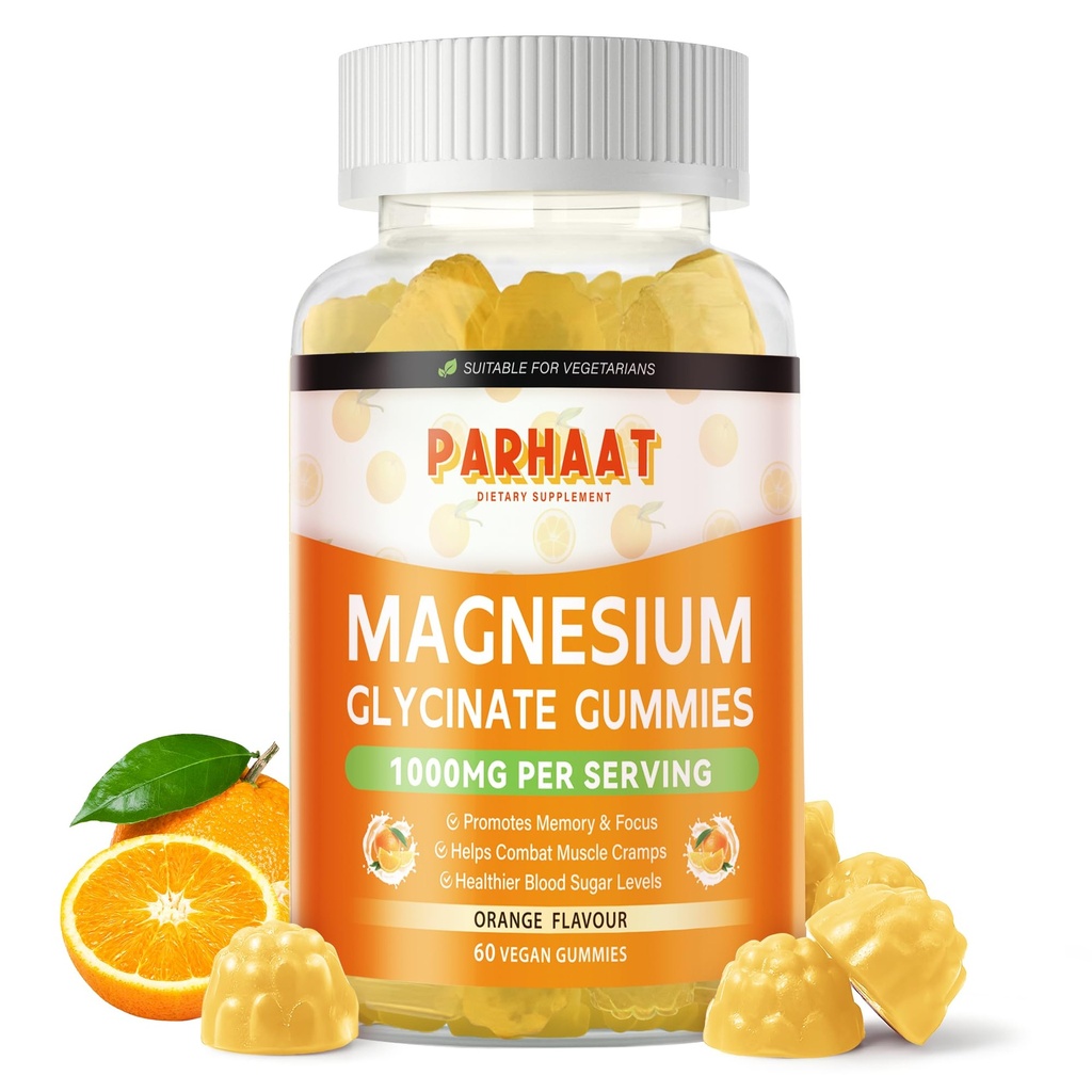 Magnesium Glycinat Gummies 1000mg - Sugar Free Magnesium Kalium Supplement med D-vitamin, B6, CoQ10 for Calm Mood & Sleep Support - 60 Orange Gummies