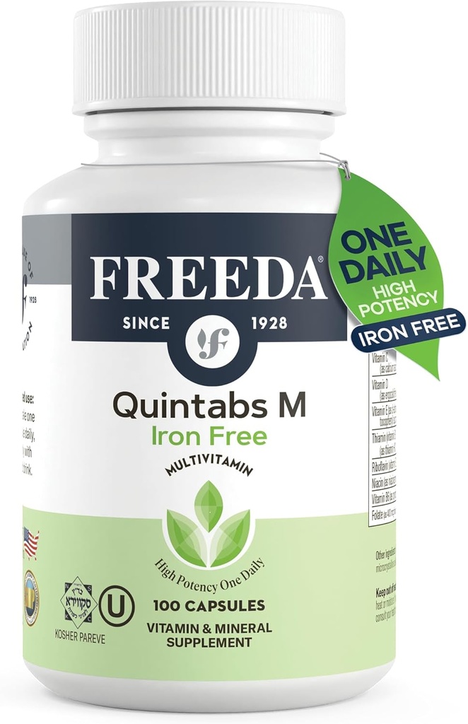 FREEDA One Daily Multivitamin Without Iron – Quintabs-M Iron-Free – Kosher, Balanced Multivitamin Supplements for Adults, Men & Women's Health Complete Multivitamins (100 Capsules)