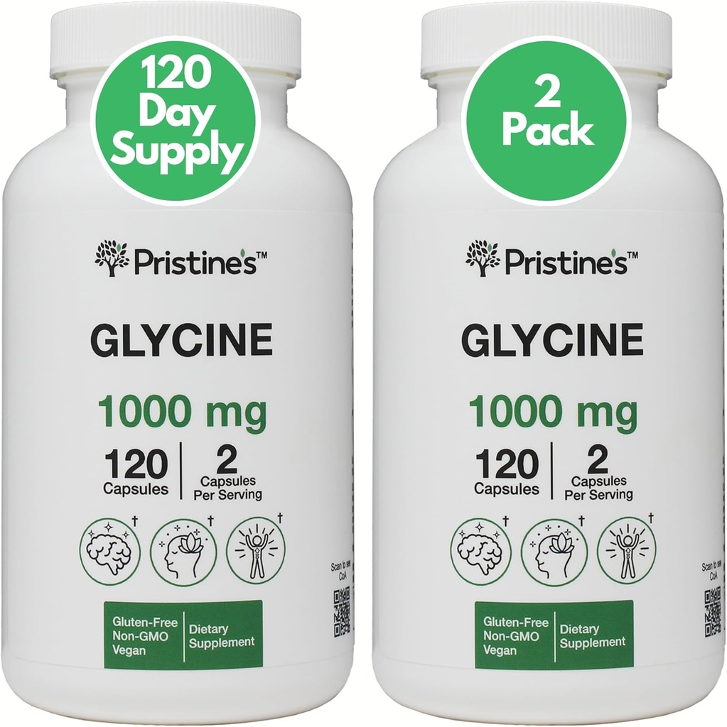PRISTINE'S Glycine (2 Pack) 1000MG Amino Acid Sleep Support Supplement Capsules - 120 Day Supply - Muscle Recovery, Collagen & Kidney Support Supplement - Vegan, Non GMO, Gluten Free