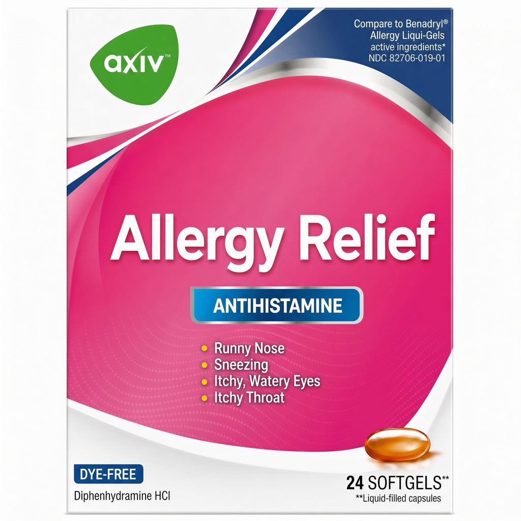 AXIV Allergi Relief Softels, Antihistamin Medicine & Cold symptom Relief, Farvefri Væskegeler, 25 mg Diphenhydramin HCl, Runny Nose, Nysen, 24 Greve (24 Softels)