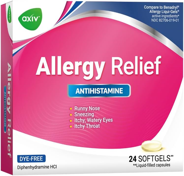 AXIV Allergi Relief Softels, Antihistamin Medicine & Cold symptom Relief, Farvefri Væskegeler, 25 mg Diphenhydramin HCl, Runny Nose, Nysen, 24 Greve (24 Softels)