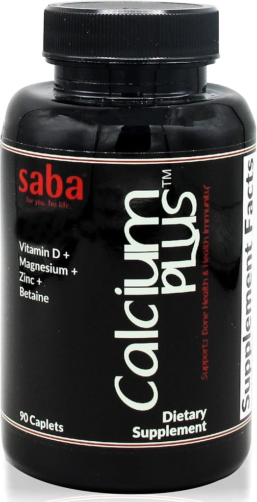 Saba Calcium Plus - Knoglestyrke - Calcium, Magnesium, Kalium, D-vitamin, zink, betain - GMO, soja, gluten Frie ingredienser - Hele kosttilskud for ben sundhed, immunforsvar - 90 kapsler