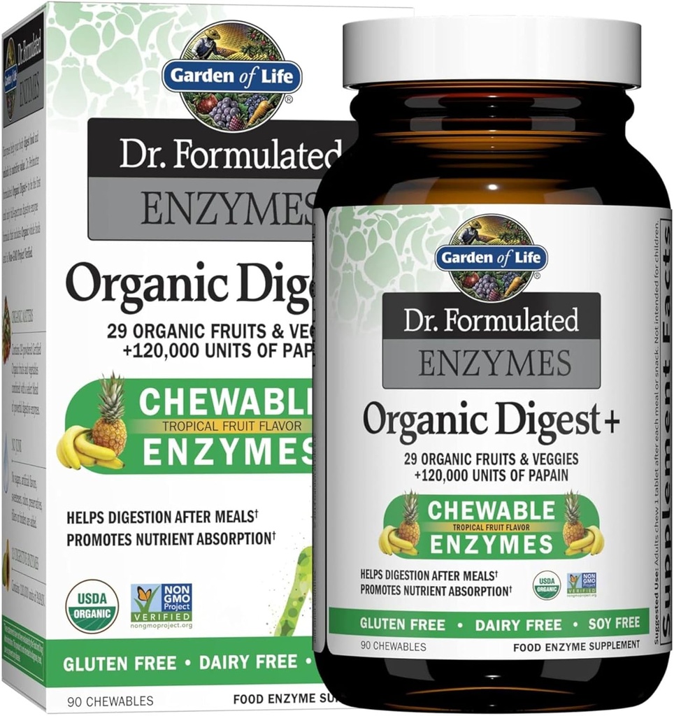 Livets have Dr. Formulerede fordøjelsesenzymer med papain, bromelain, Lipase for fordøjelse & næringsstof Absorption - Organic Digest + - Vegan, Gluten- Free, Non- GMO, Tropical Fruit Flavor, 90 Chewables