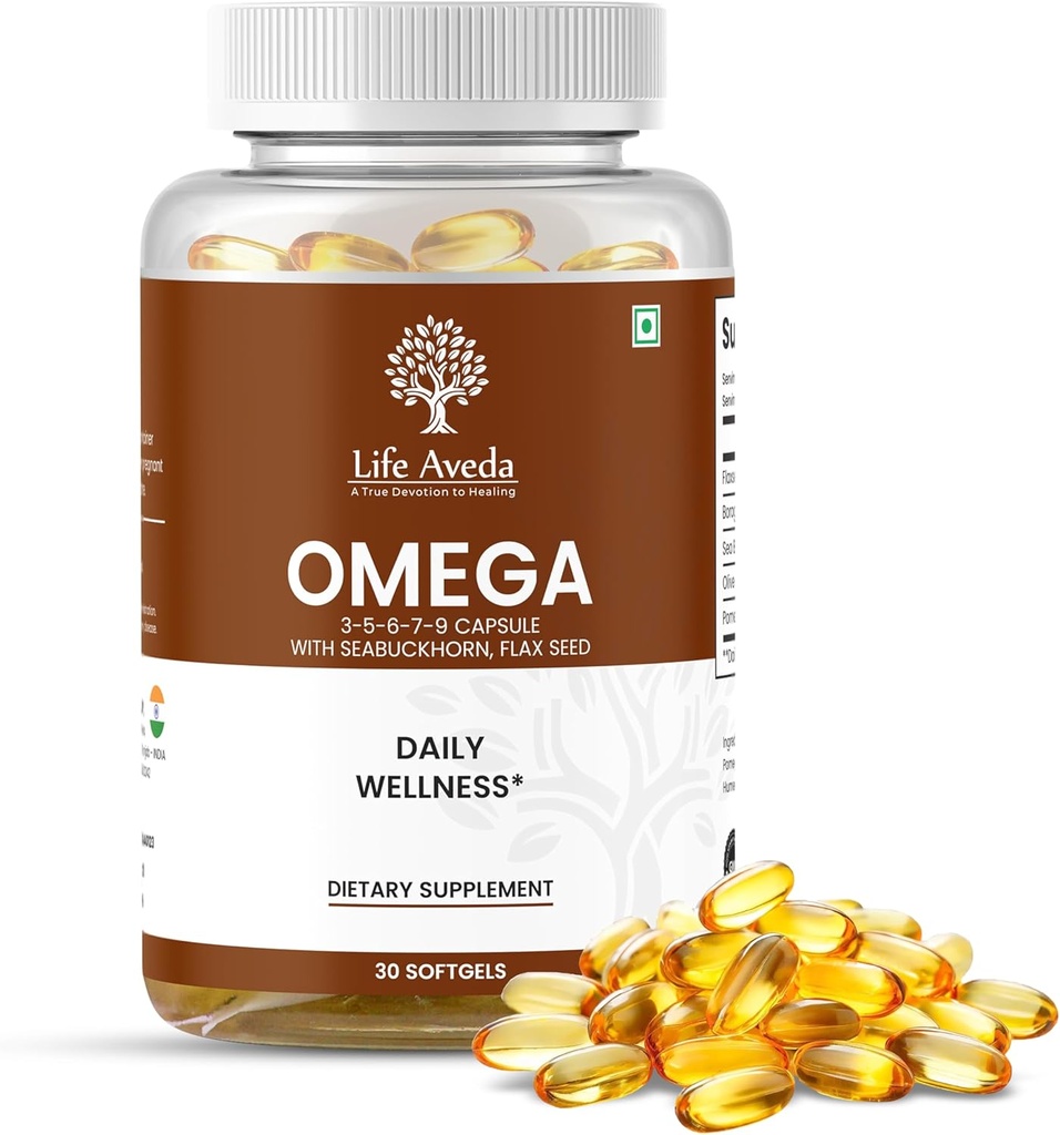 Life Aveda Omega 3-5-6-7-9 kapsler til mænd og kvinder med Seabackhorn og hørfrø, understøtter hjerte, hår, hud & fælles sundhed og naturlige ernærings- 30 Softgel kapsler (1 måned Tilgang)