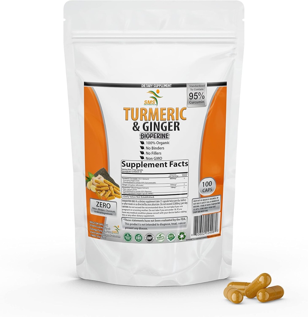 Gurkemeje med ingefær, BioPerine Black Pepper, 95% Curcuminoider, 95% Standardiserede Curcuminoider & Bioperine til potens & Absorption, Tumerisk supplement, Lavet i USA - 100 Veggie kapsler