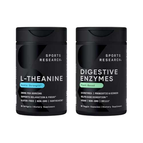 Sports Research Double Strength L- Theanine Supplement Suntheanine Softgels for Focus, Afslapning & Alerness med kokosolie 60 Greve og fordøjelsesenzymer + Probiotika & Ginger Plant baseret 90 Greve