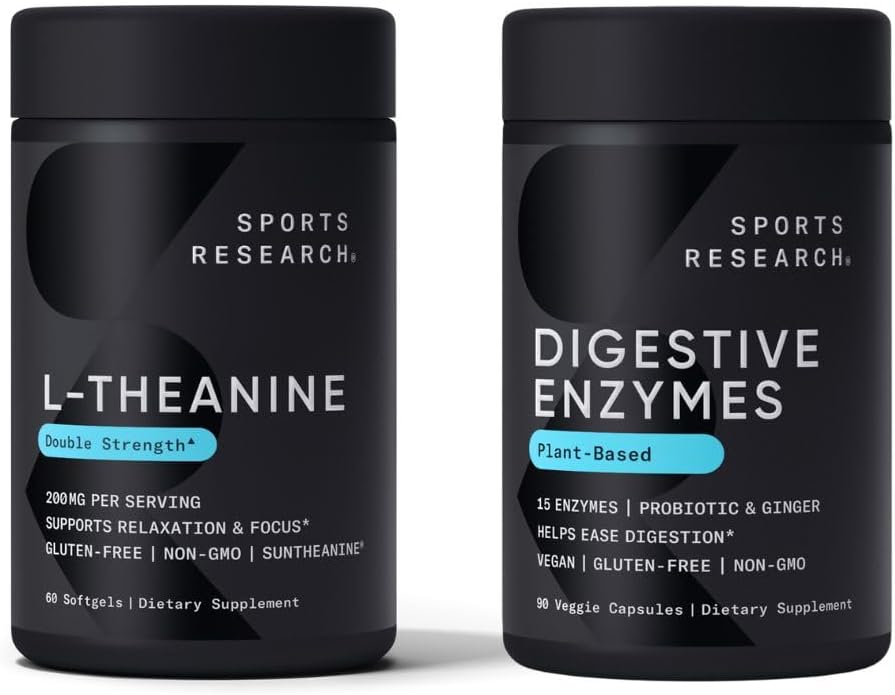 Sports Research Double Strength L- Theanine Supplement Suntheanine Softgels for Focus, Afslapning & Alerness med kokosolie 60 Greve og fordøjelsesenzymer + Probiotika & Ginger Plant baseret 90 Greve