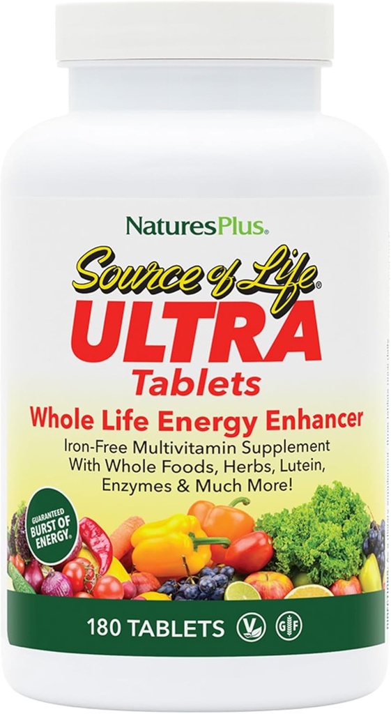 NaturesPlus Ultra Kilde til liv No- Iron Multivitamin - 180 tabletter - Understøtter immunforsvar sundhed, energi & Samlet velvære - med Lutein & D3- vitamin - Vegetar & Gluten Free - 60 Serveringer