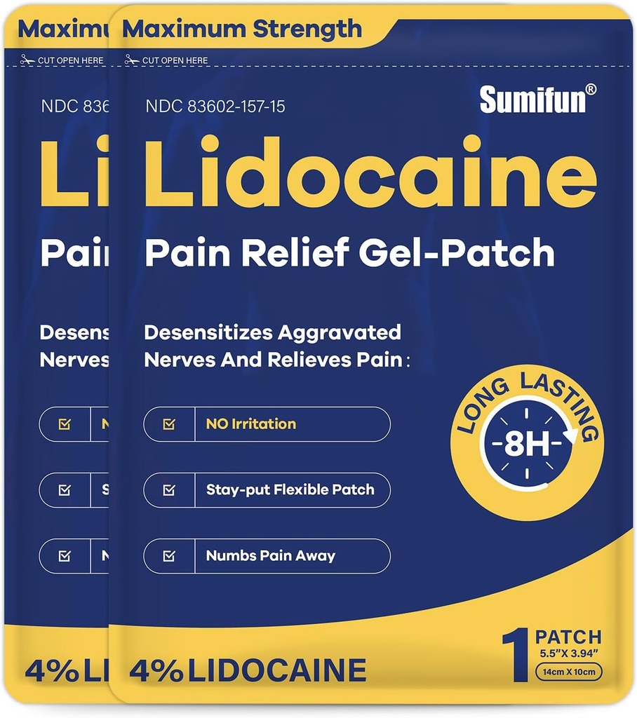 Sumifun 4% Lidocain Patches Maksimal styrke - 24 Count Pain Lemping Gel Patch for Muscle ømhed, Back Ache, Knee, Neck & Joint Pains - temaanalyse (NDC: 83602- 157- 15, 83602- 157- 01)