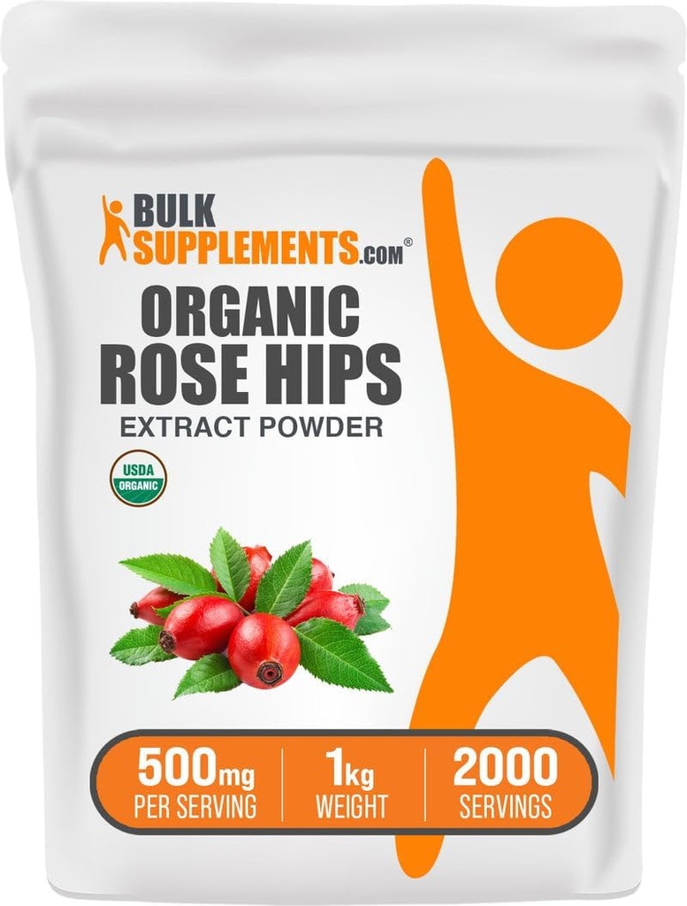 BulkSupplements.com Organic Rosehip Extract Powder - Rose HIPS Supplement, Rosehip Powder - Urtetilskud, Antioxidanter Kilde - Gluten Free, 500mg per servering, 1kg (2,2 lbs) (Pack of 1)