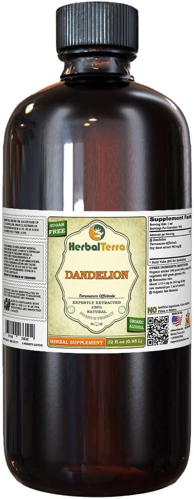 Mælkebøtte (Taraxacum Officinale) Tinktur, Økologisk Tørret Roots Liquid Extract (Brand Name: HerbalTerra, Stolt Made in USA) 32 fl.oz (0,95 l)