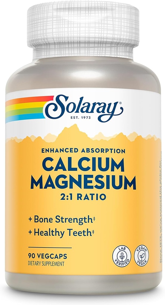 SOLARAY Calcium Magnesium Supplement, Magnesium & Calcium Kosttilskud til kvinder og mænd, 2: 1 Ratio, Knoglesundhed & Styrke, Vegan, Høj Absorption, 60- Day Garanti, 22 Servere, 90 VegCaps
