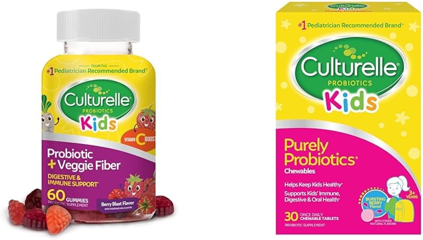 Culturelle Daily Probiotic for Kids + Veggie Fiber Gummies (Ages 3+) - 60 Count & Kids Chewable Daily Probiotic for Kids, Ages 3+, 30 Count