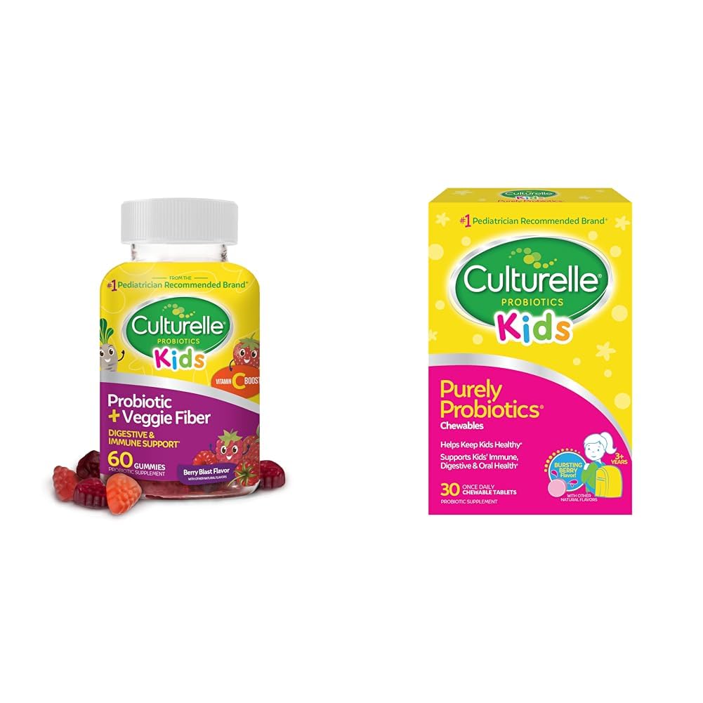 Kulturelle daglige probiotika for børn + Veggie Fiber Gummies (Age 3 +) - 60 Greve & Kids Chewable daglige probiotika for børn, Age 3 +, 30 Greve