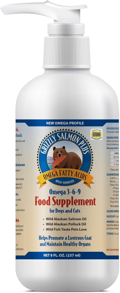 Grizzly Pet Products Salmon Plus Omega 3-6-9 Kosttilskud til hunde og katte, 8 Ounce