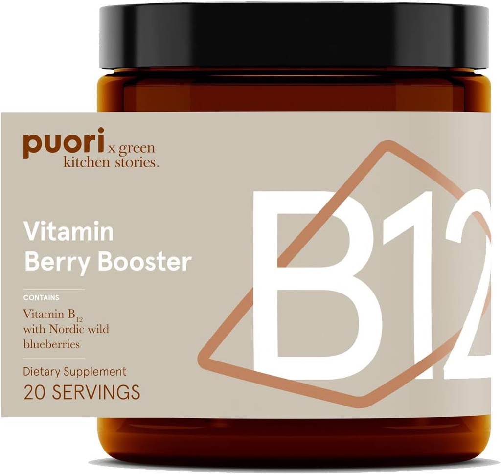 Puori Vegan Vitamin B12 Berry Booster Powder - 20 Servering - B12 med Nordic Wild Blåbær - Høj i Flavonides - for normal energiproduktion og stofskifte - Dairy-Free, Vegetar, Ikke GMO