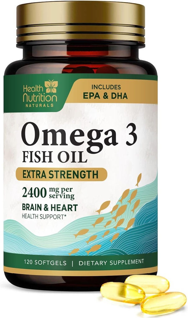 Omega 3 Fish Oil 2400 mg - Triple Strength Omega-3 Supplements - Natural Brain Heart Health & immunsupport - Fedtsyrer med EPA & DHA - Wild Caught Renset Fish Oil Supplement - 120 Softgels