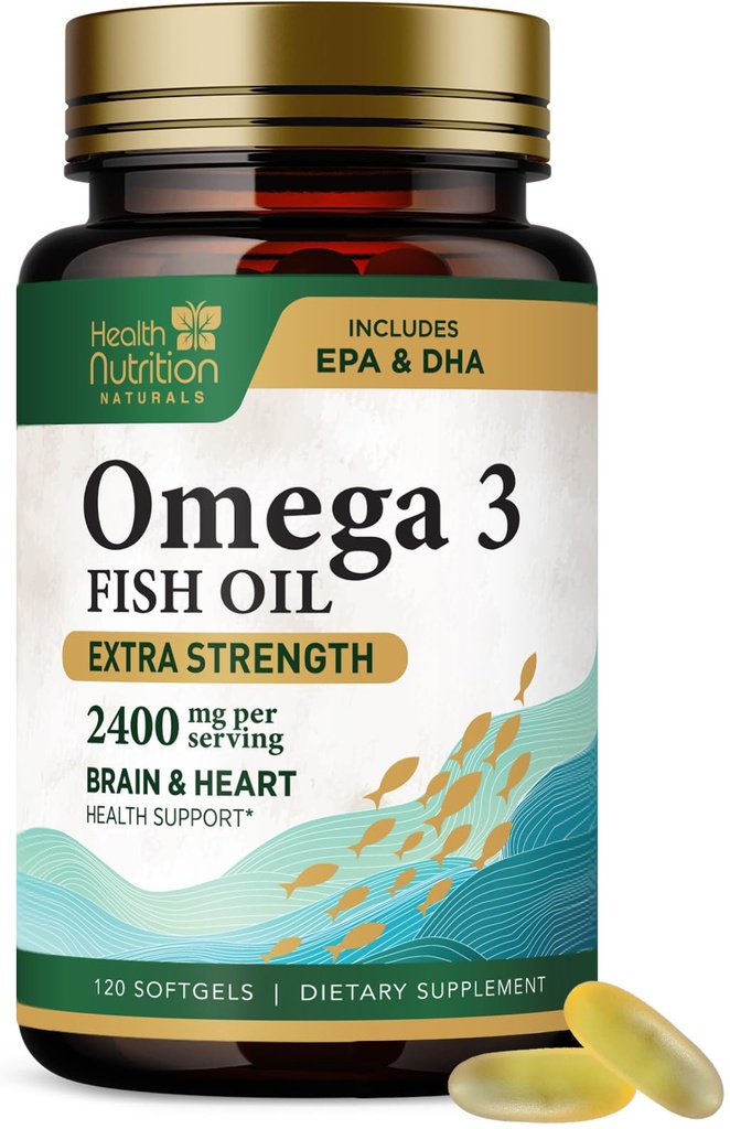 Omega 3 Fish Oil 2400 mg - Triple Strength Omega-3 Supplements - Natural Brain Heart Health & immunsupport - Fedtsyrer med EPA & DHA - Wild Caught Renset Fish Oil Supplement - 120 Softgels