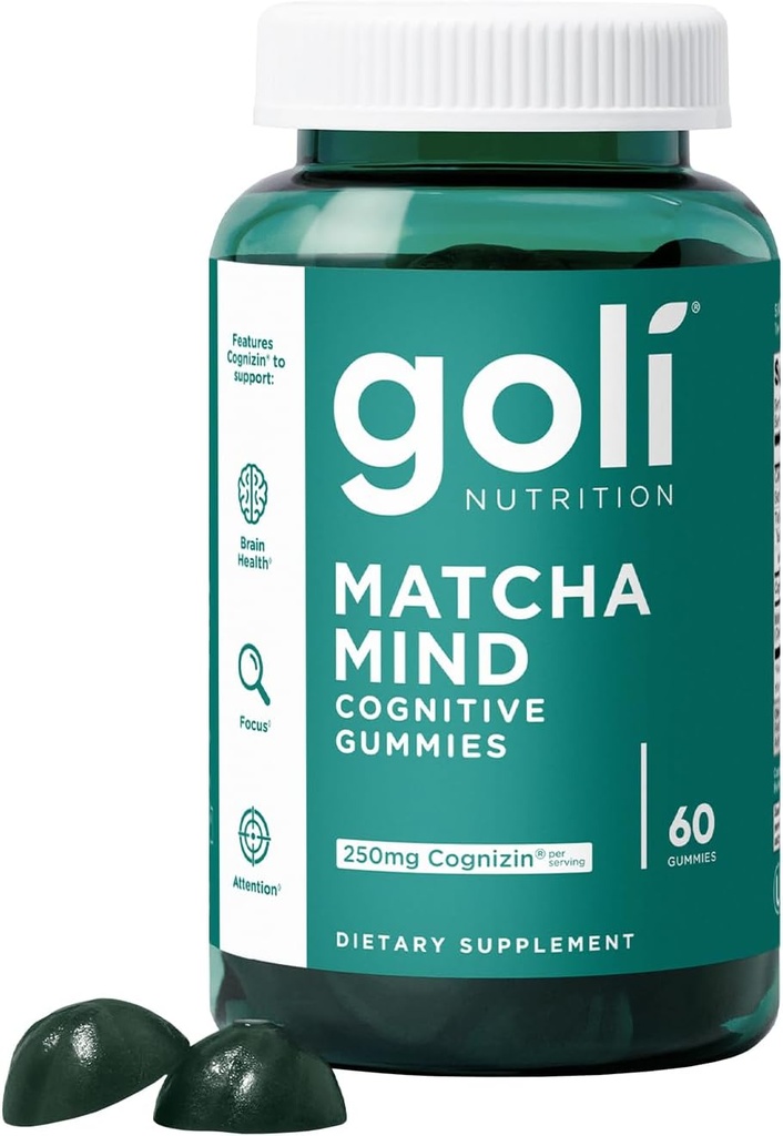 Goli Matcha Mind Gummies - 60 Greve - Green Tea Leaves Powder med Cognizin for fokus, opmærksomhed og hjerne sundhed, Vegan, Non- GMO, Gluten- Free & Gelatine Free.