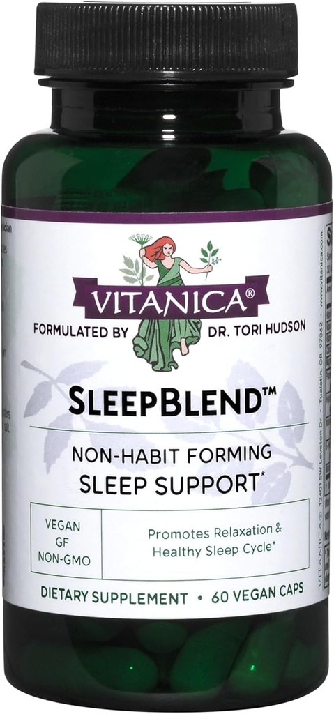 Vitanica Sleepblend, ikke Habit Forming Sleep Support, med Melatonin, Valerian Root, Passionflower og Humle, Vegan, 60 Kapsler