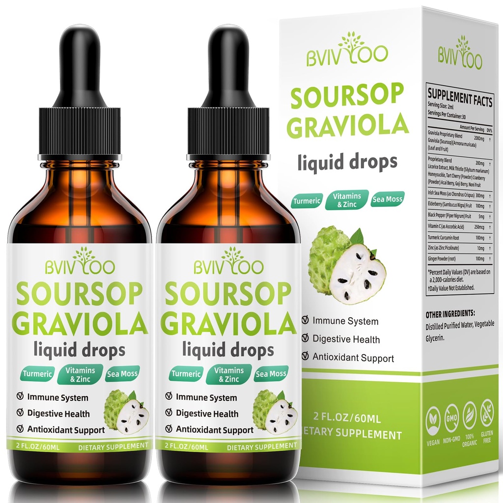 2 Pack Soursop Graviola Liquid Drops - 2000mg Pure Soursop Extract Blandet med 300mg Sea Moss & 100mg Elderberry - Kraftfuld Cell Support, Antioxidant- Rich, Immunie- Boosting - 4 Fl Oz (120ml) Flaske