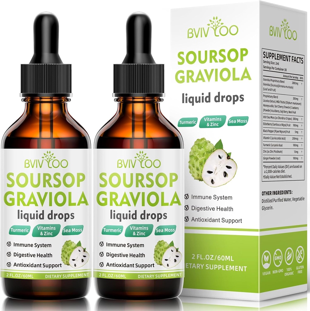 2 Pack Soursop Graviola Liquid Drops - 2000mg Pure Soursop Extract Blandet med 300mg Sea Moss & 100mg Elderberry - Kraftfuld Cell Support, Antioxidant- Rich, Immunie- Boosting - 4 Fl Oz (120ml) Flaske