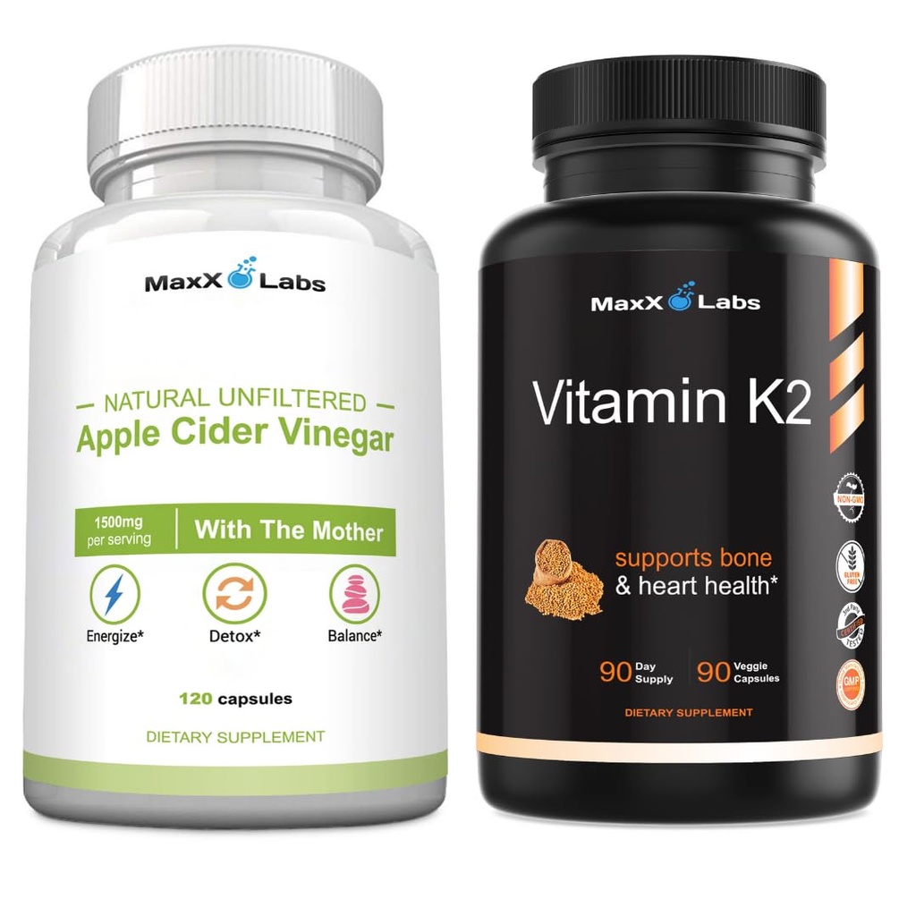 Apple Cider Vinciferkapsler med The Mother Help Forbedre energi, Immunitet, fordøjelse & Metabolisme + vitamin K2 Supplement - Fuld Spectrum Vitamin K2 MK7, MK4 & Calcium - 90 kapsler