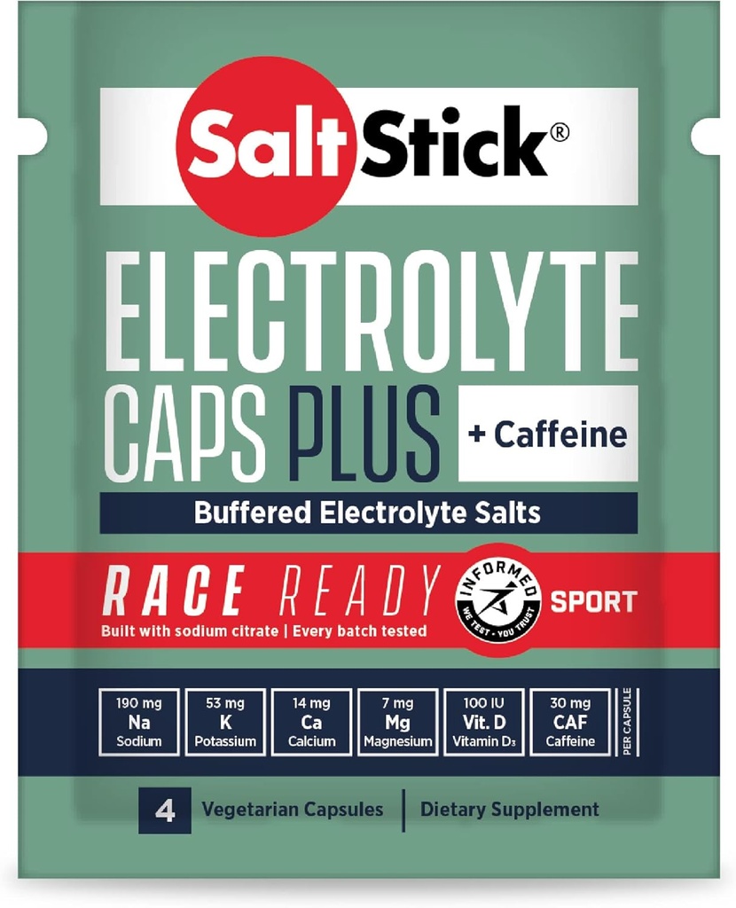 SaltStick Race Ready Electrolyte Kapsler med Koffein • 124; 96 Kapsler • 124; Salt Piller til Løbetræning, Hydration, Hjælper Reducere muskelkramper • 124; 24 Pakker, 4 Kapsler Hver