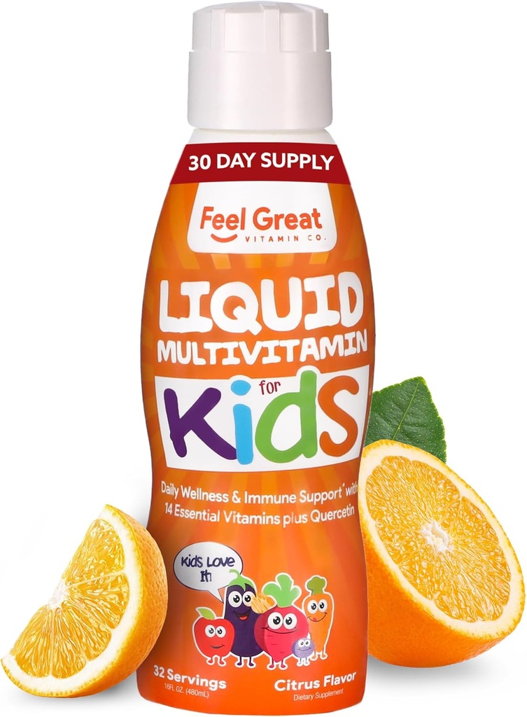 Feel Great Sugar Free Kids Multivitamin - Flydende Multivitamin Measurement 124; Essential Vitaminer for immunforsvar Measurement 124; Orange Smagsstof, Vegetarisk Formel 124; 30 Day Supply