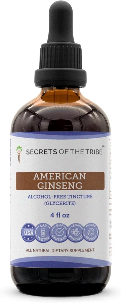Secrets of the Tribe American Ginseng Tincture Alcohol-Free Liquid Extract, Farm Grown American Ginseng (Panax Quinquefolius) Dried Root (4 FL OZ)