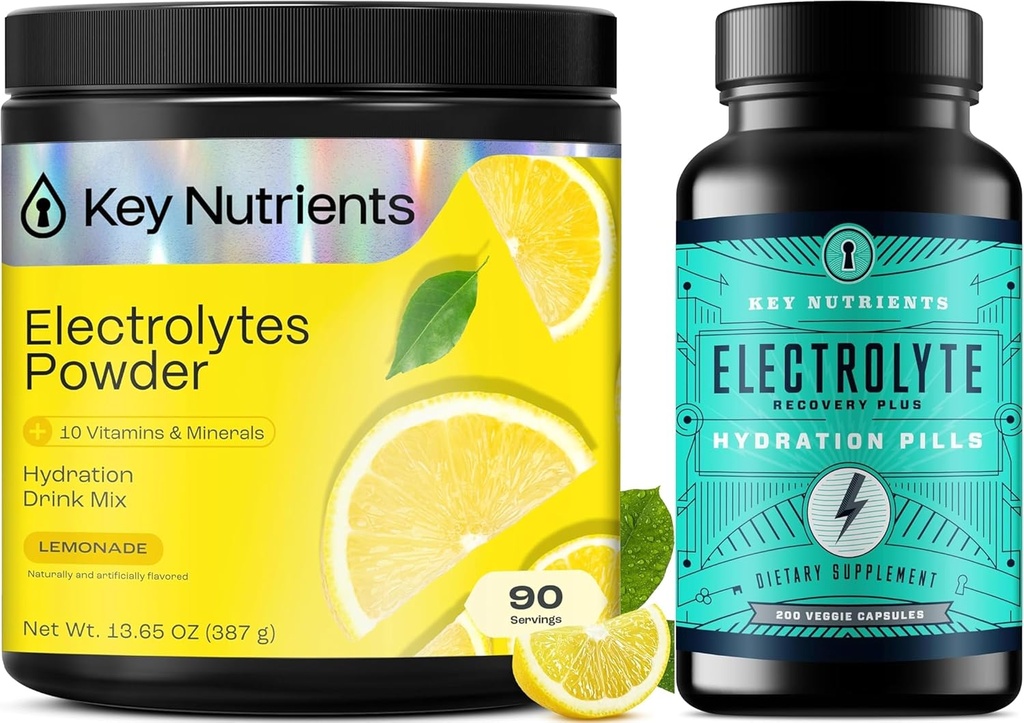 KEY NETRIENSER Hydration Bundle - Multivitamin Electrolyte Powder Lemonade (90 Servering) & Electrolyte Tablets (200 tabletter) - Ingen sukker, ingen kalorier - Natrium & Energy Support -, Made USA