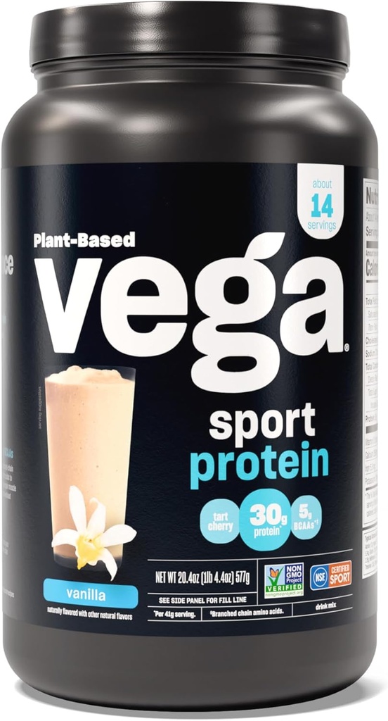 Vega Sport Protein Powder Vanilla (14 portioner, 20.4 oz) - Plantbaserede Vegan Protein Powder, BCAA, Aminosyre, tart cherry, Non Dairy, Gluten Free, Non GMO (Packaging May Vary)
