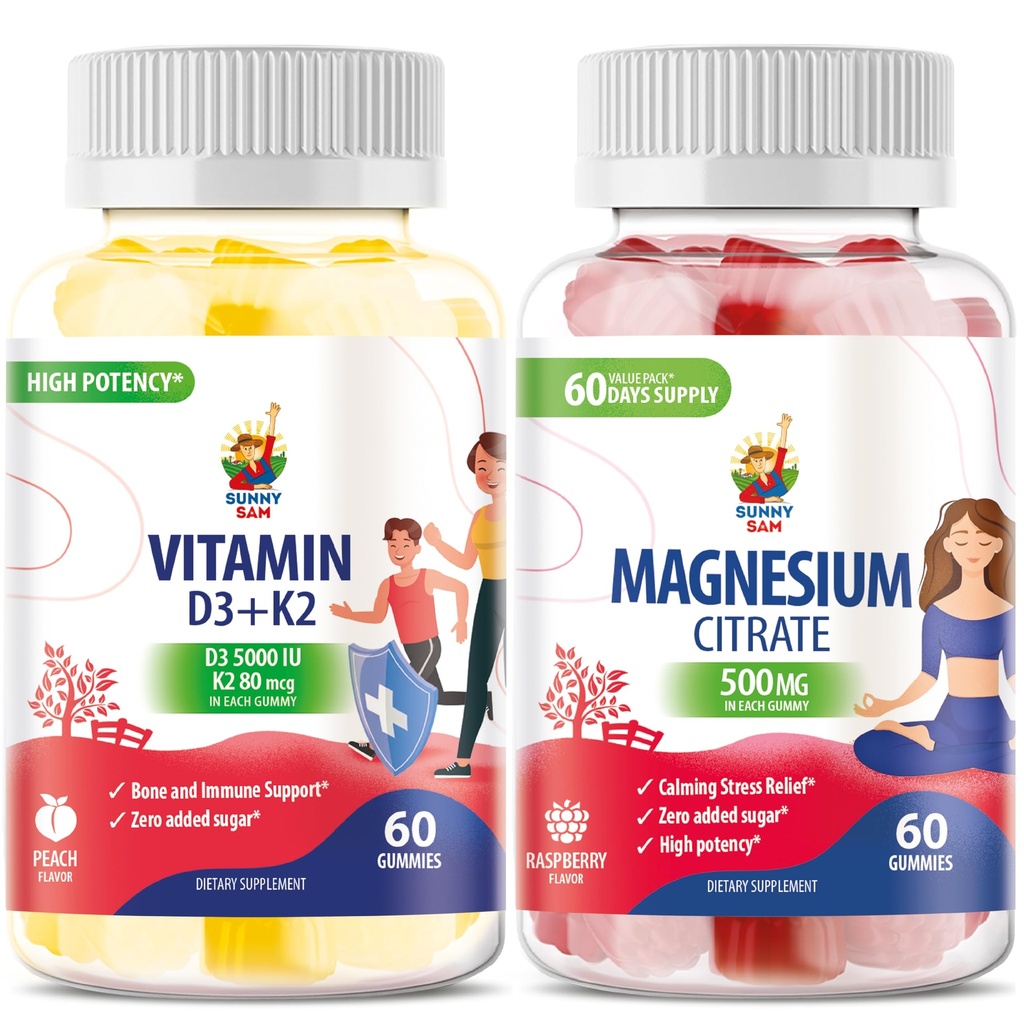 D3- vitamin K2 Gummies 5000 IE - immun- og bensuppor & magnesiumgummies til børn og voksne - 500 mg