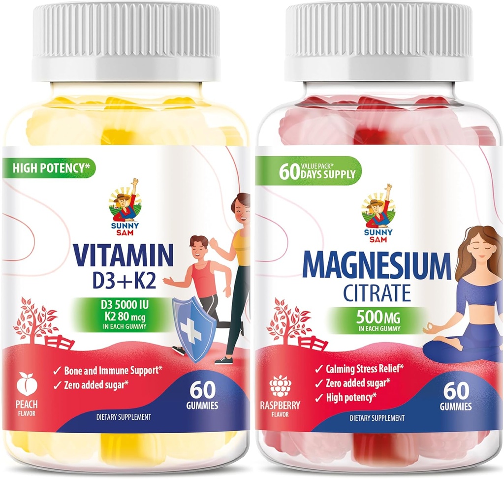 D3- vitamin K2 Gummies 5000 IE - immun- og bensuppor & magnesiumgummies til børn og voksne - 500 mg