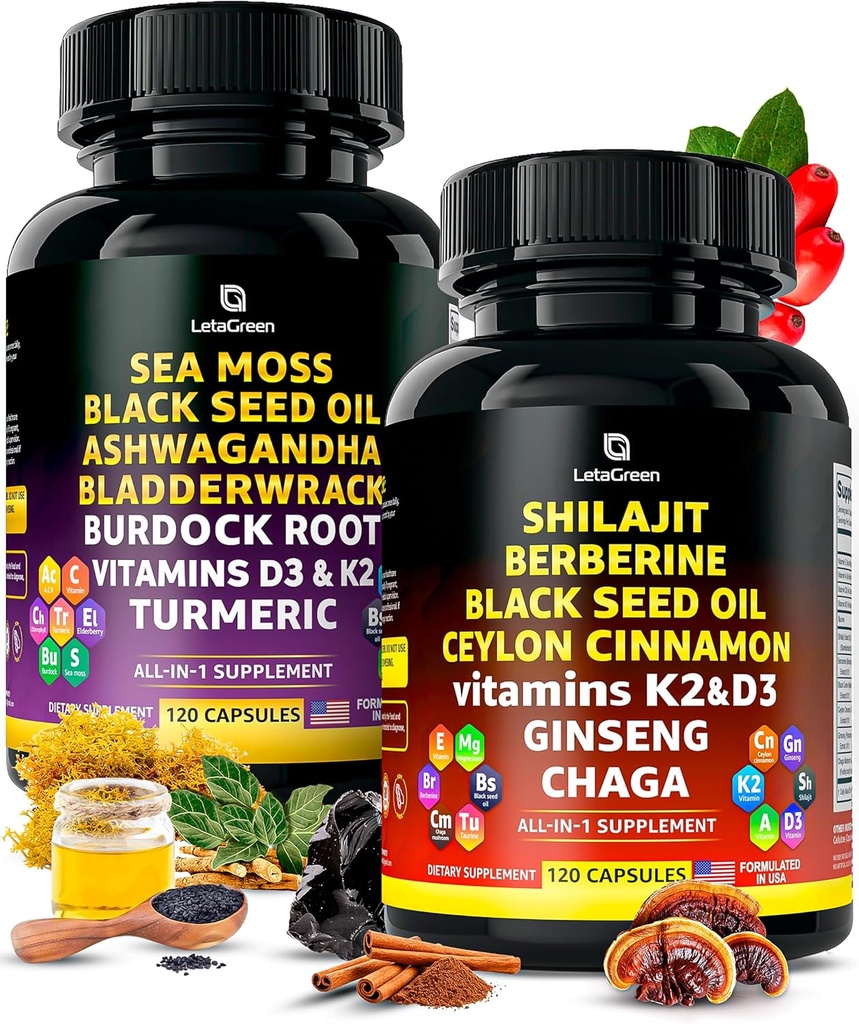 Irish Sea Moss and Himalayan Shilajit Capsules - 120 færdige Sea Moss Pills med sort frøolie, Burdock Root & Bladderwrack Powder - 120 Fulvic Acid Pure Shilajit Capsules