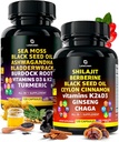 Irish Sea Moss and Himalayan Shilajit Capsules - 120 færdige Sea Moss Pills med sort frøolie, Burdock Root & Bladderwrack Powder - 120 Fulvic Acid Pure Shilajit Capsules