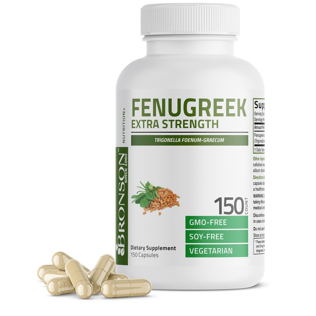 Bronson Fenugreek frø pulver kapsler Ekstra styrke, Trigonella Foenum- Graecum, Non- GMO, Soy- Free, Vegetar, 150 kapsler