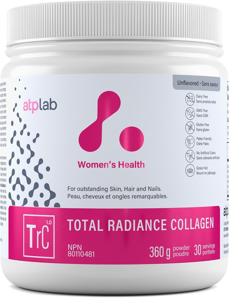 ATP LAB Total Radiance Collagen pulver, Ikke aromatiseret, 360g - Premium Hydrolyzed Collagen Peptider til kvinder - Vegan- Friendly Collagen Protein Powder, Støtte til hud, hår & negle
