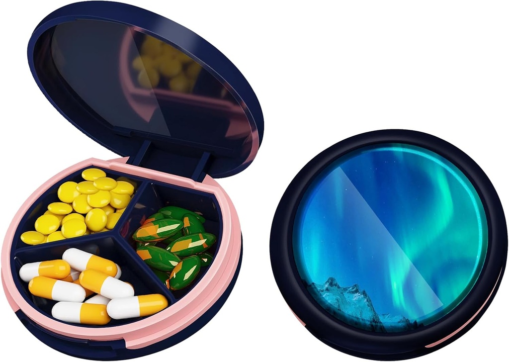 Serfeymi Small Pill Box - 3 kompartmenter Portable Pill Box til purse pocket, Compact Mini Travel Pill Case - Egnet til medicin, Vitamin, Fish Oil, Kosttilskud - mørkeblå (Aurora)