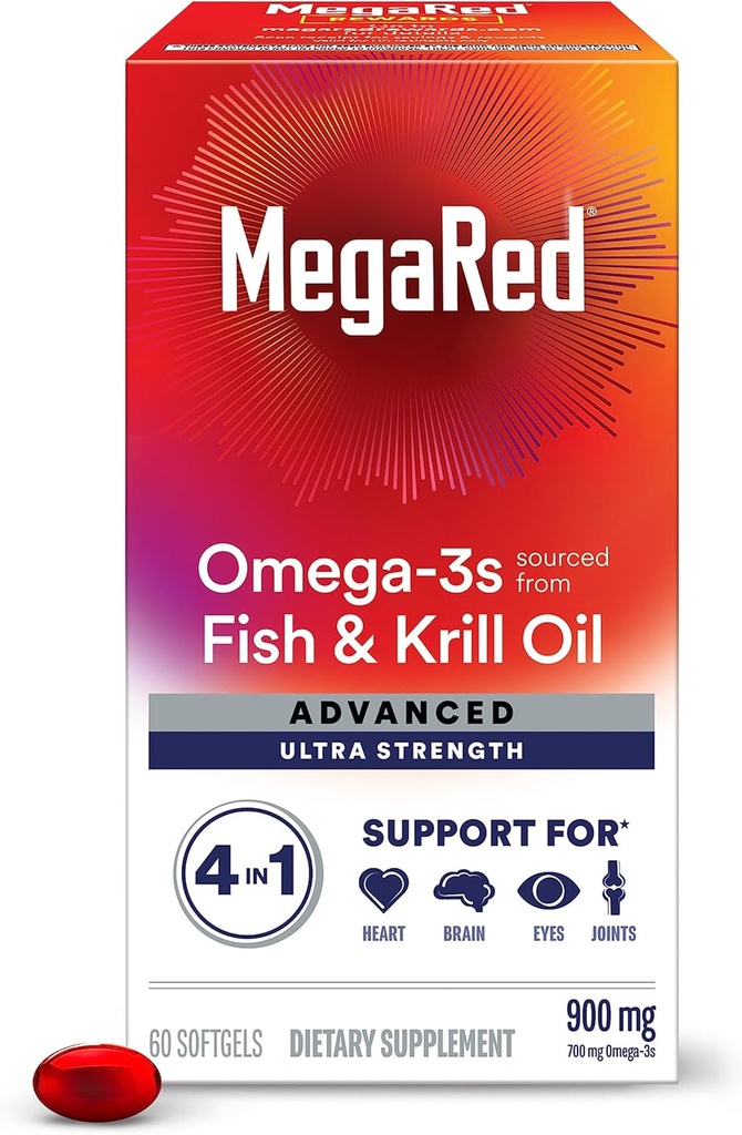 Megared Omega-3 Fish & Krill Oil Supplement 900mg - MegaRed Advanced 4in1, 60 softels, 2x Mere Omega-3, hjerte, fælles, hjerne og øje supplement, rød, 60 Greve