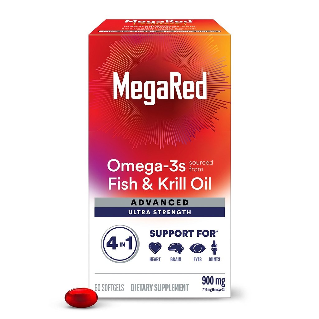 Megared Omega-3 Fish & Krill Oil Supplement 900mg - MegaRed Advanced 4in1, 60 softels, 2x Mere Omega-3, hjerte, fælles, hjerne og øje supplement, rød, 60 Greve