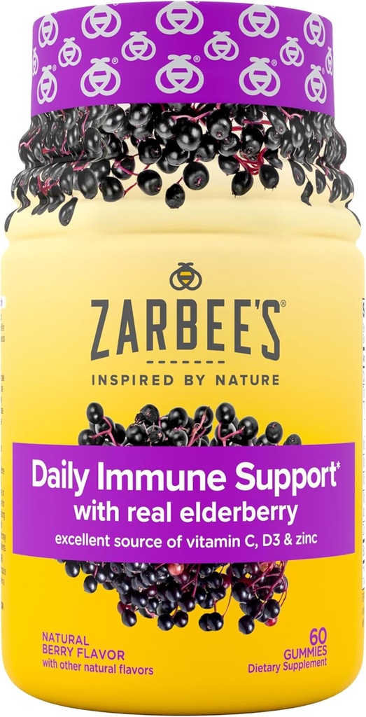 Zarbee 's Elderberry Gummies Daglig immunforsvar supplement med vitaminer A C D E & Zink, Black Elderberry Extract, Natural Berry Flavor, Vegetar, Gelatin- Free, 60 Greve