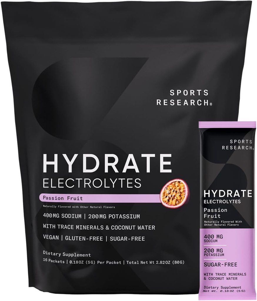 Sportsforskning ® Hydrate Electrolytes Powder Packets - Sugar- Free & Naturligt tilsat vitaminer, mineraler og kokosvand - Understøtter hydrering - 16 Packets - Passionsfrugt